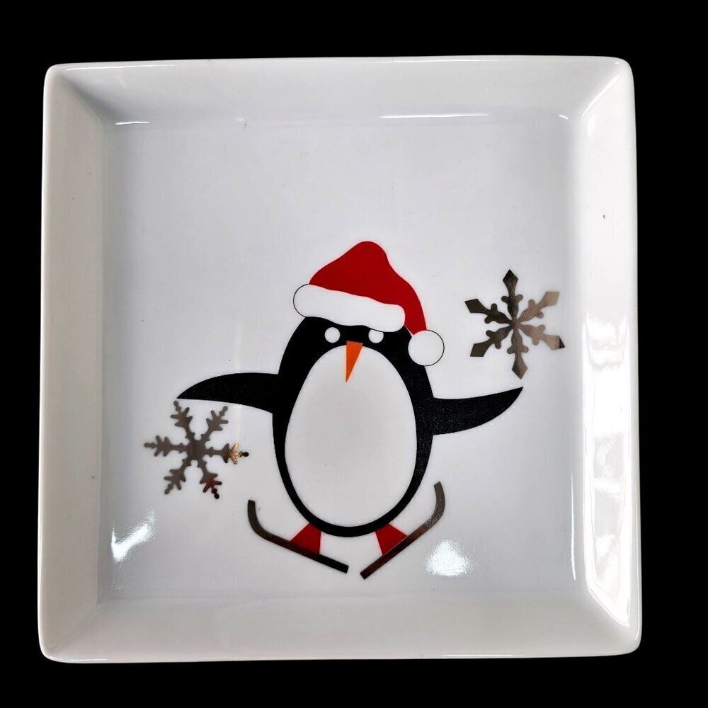 Crate & Barrel Holiday Penguin Appetizer Plates 6" Sq Set Of 4 White Ceramic NEW